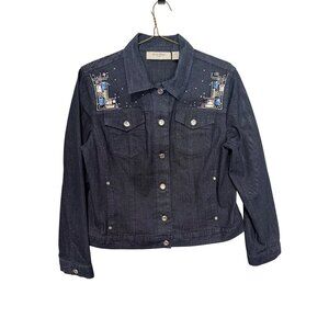 Chico's Platinum Denim Jacket Dark Wash Blue Beads Studs Womans 2/L